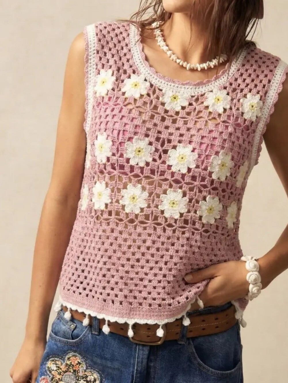 ABSOLUTELY DARLING! Open Knit Crochet Floral Boho Knit Tank NWOT